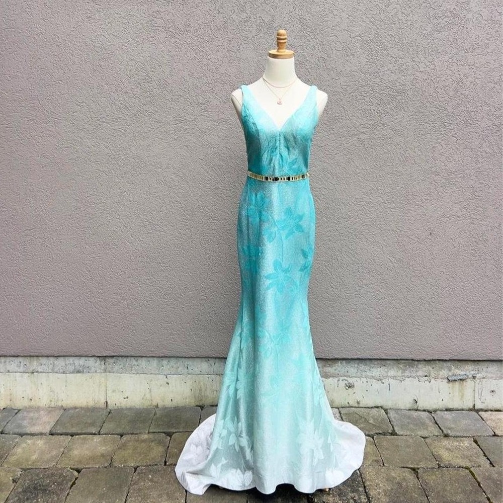 Vintage Y2K Aqua Shimmer Prom Dress Mermaid Size 6 Floral Formal